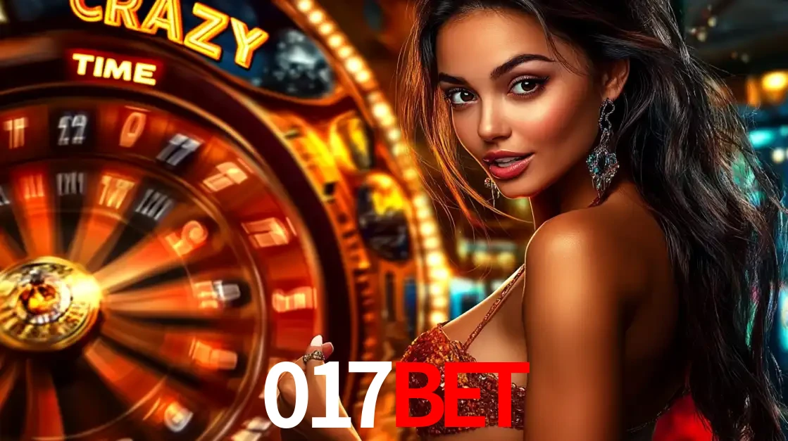 Mulher ao lado da roda de prêmios do jogo de cassino ao vivo Crazy Time, um dos shows de jogos mais emocionantes oferecidos pela plataforma de apostas 017bet.