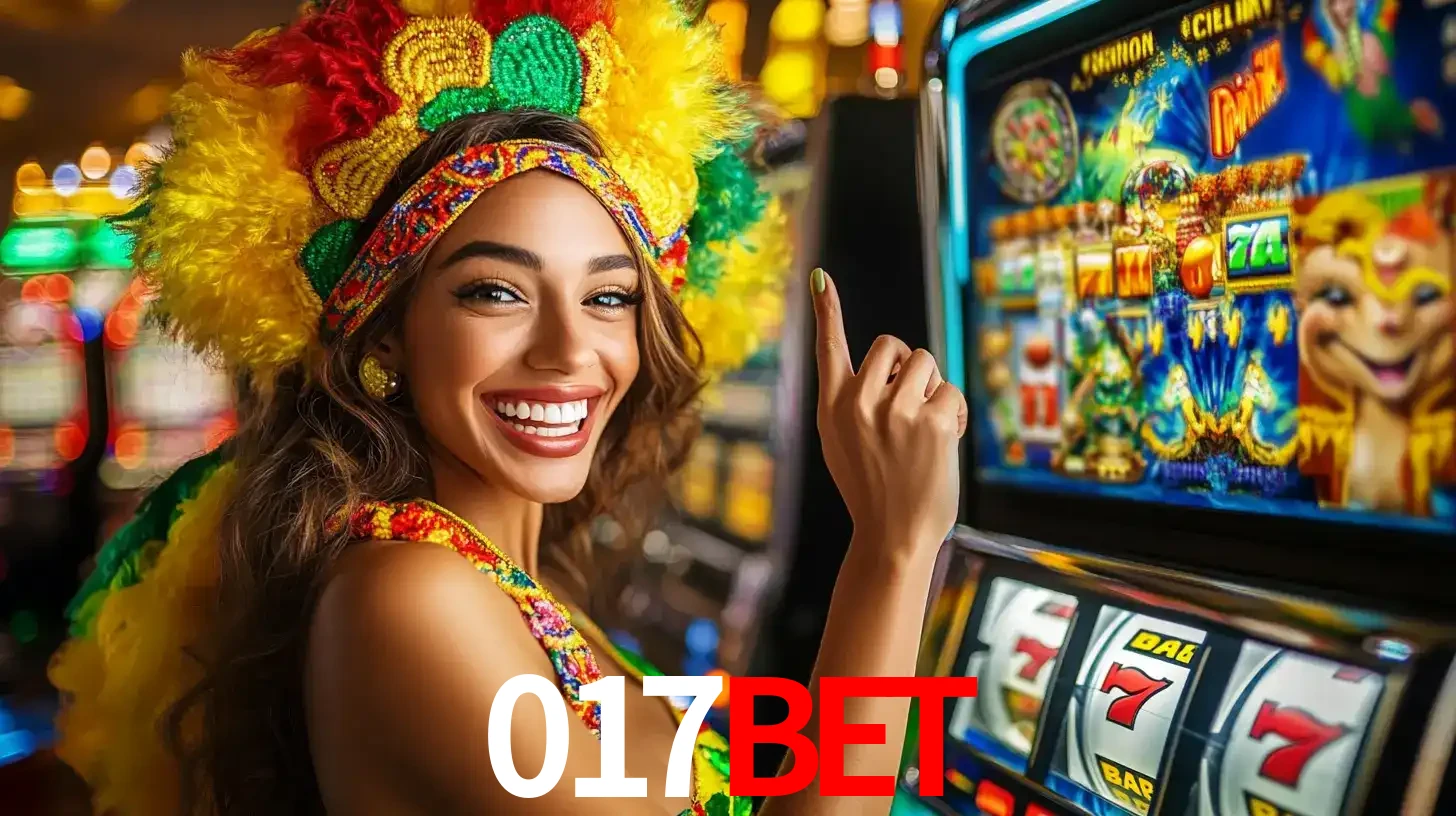Mulher animada com um cocar de carnaval apontando para uma máquina de caça-níqueis, mostrando a emoção de ganhar um grande prêmio nos jogos do 017bet.