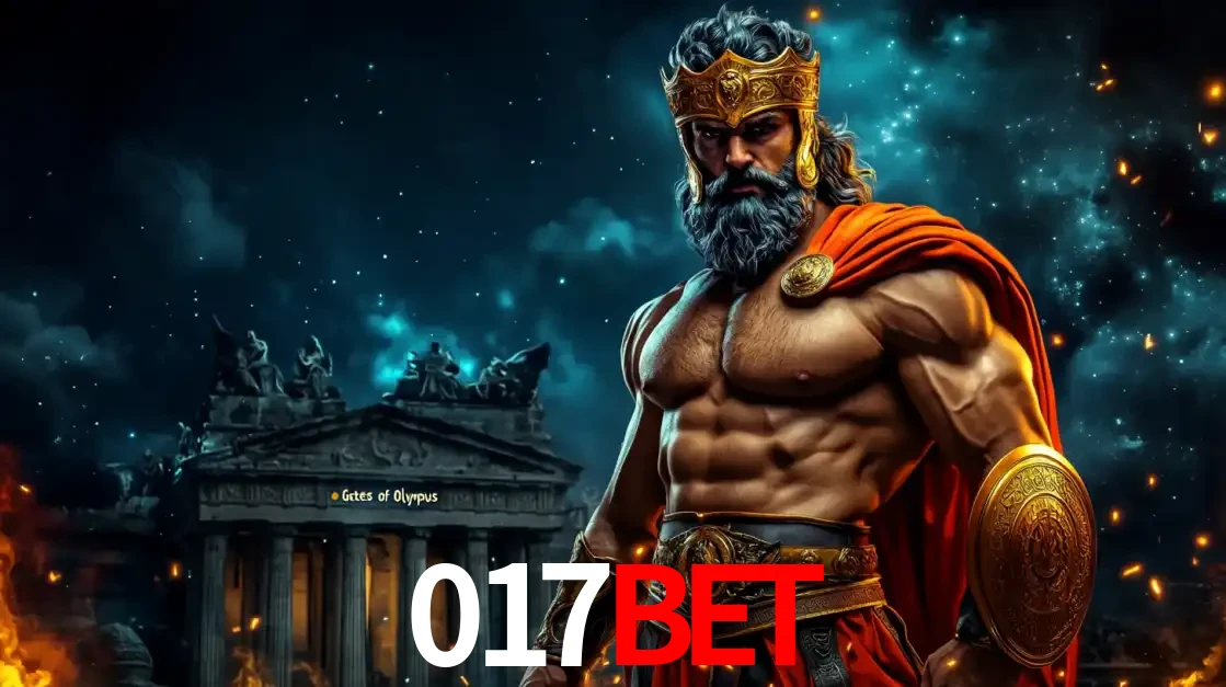 O poderoso Zeus do jogo de slot Gates of Olympus em frente ao seu templo, pronto para lançar multiplicadores divinos e prêmios épicos no cassino online 017bet.