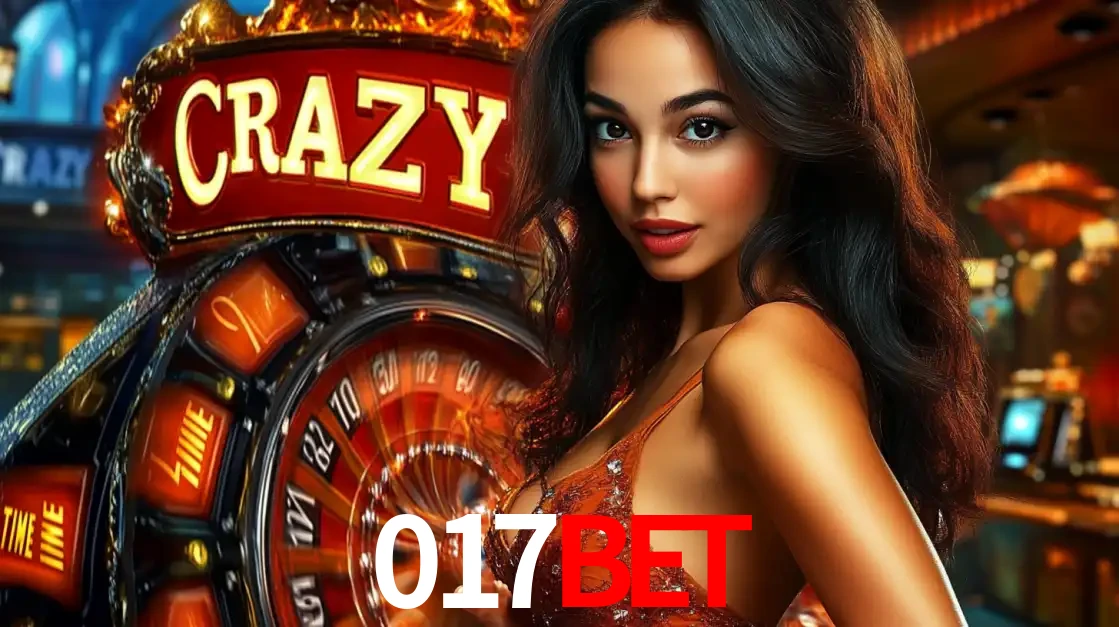Mulher glamourosa olhando para a câmera com a roda vermelha do Crazy Time ao fundo em um ambiente de cassino, destacando a emoção dos jogos ao vivo no 017bet.