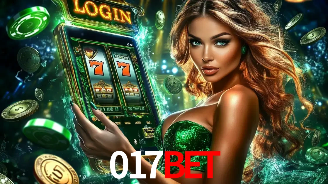 Mulher com tema verde apresentando o aplicativo do cassino 017bet com um jogo de slot de 777, cercada por fichas de cassino e uma aura de sorte.