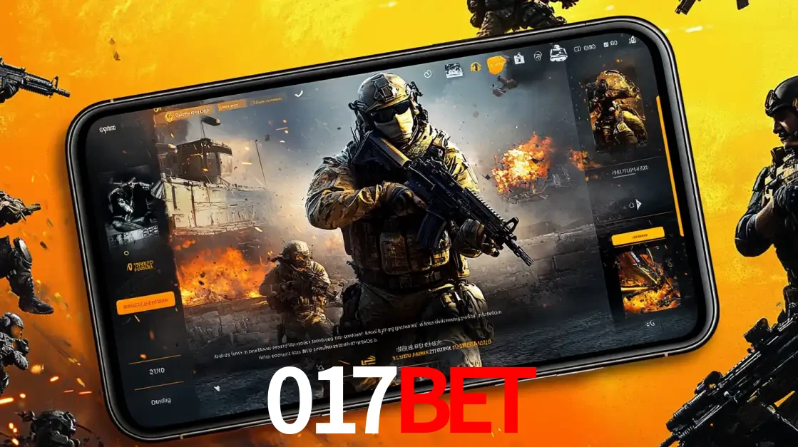 Um smartphone exibindo a interface de um jogo de tiro em primeira pessoa, com um soldado em um cenário de batalha, representando a ação dos e-sports para apostar no 017bet.