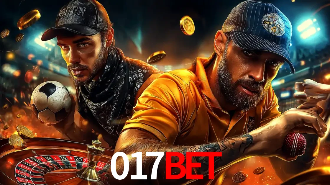 Montagem de apostas esportivas e cassino no 017bet, com um homem segurando uma bola de futebol e outro uma de beisebol sobre uma roleta e moedas voadoras.