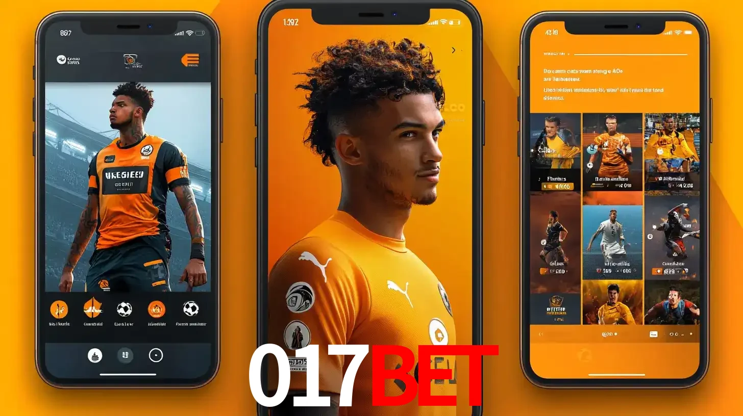 Interface do aplicativo de apostas esportivas 017bet em três telas de celular, mostrando o perfil de um jogador de futebol e a lista de jogos disponíveis para apostar.