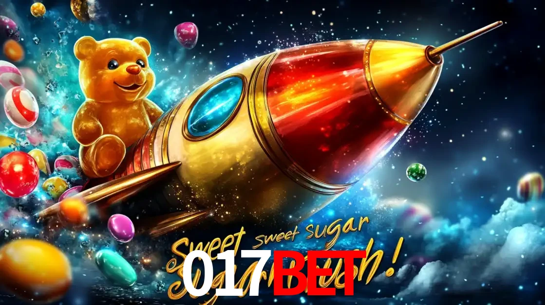 Arte promocional do jogo de slot Sugar Rush, com um urso de pelúcia em um foguete viajando pelo espaço de doces, um dos jogos divertidos disponíveis no cassino 017bet.