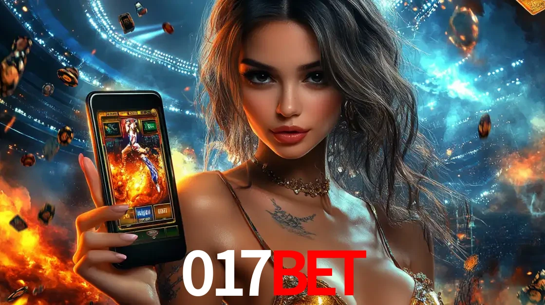 Mulher segurando um celular com um jogo de slot em destaque, tendo como fundo um estádio vibrante, simbolizando a emoção de jogar no cassino móvel 017bet.