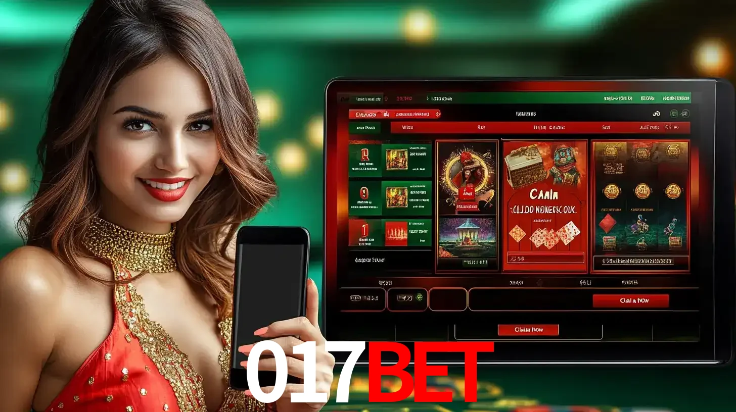 Mulher sorridente segurando um smartphone, ao lado de uma tela exibindo o lobby de jogos do cassino online 017bet, com várias opções de jogos de cartas e slots.